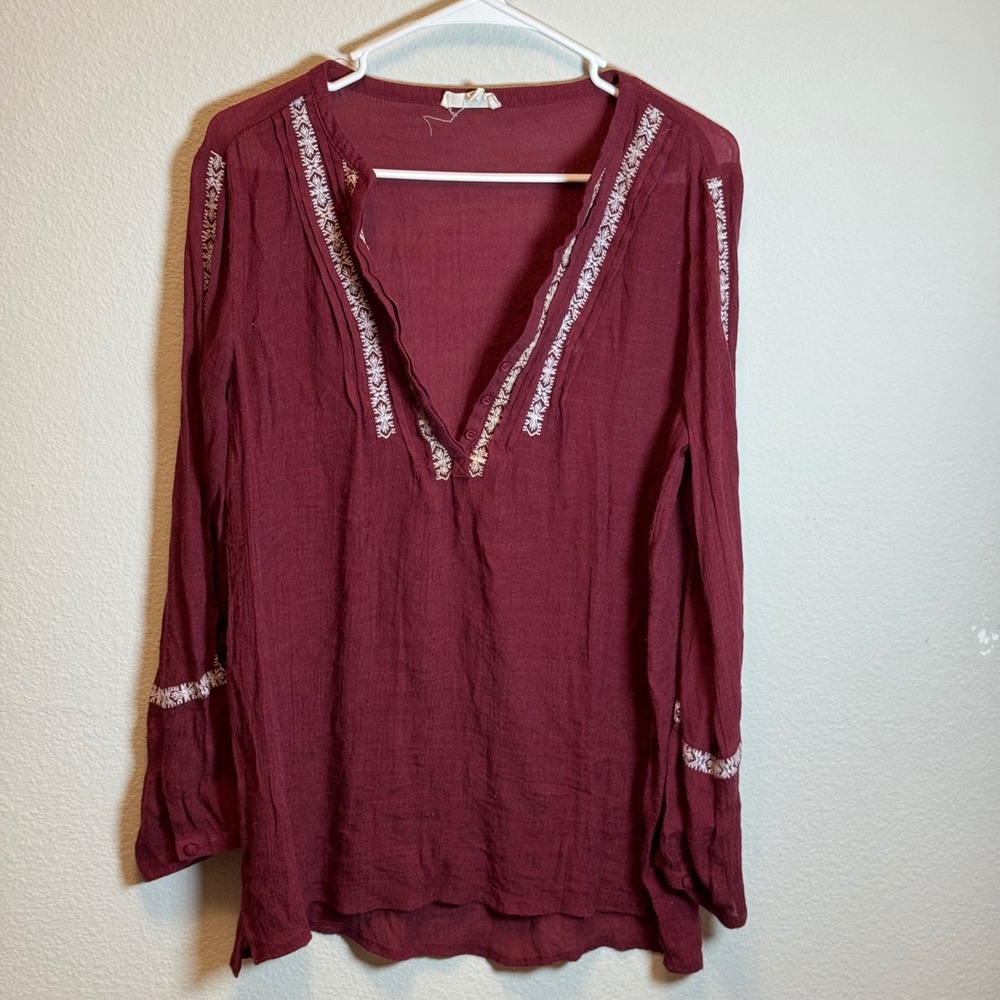 Entro Womens Small‎ Burgundy Long Sleeve Embroidered Peasant Blouse Top